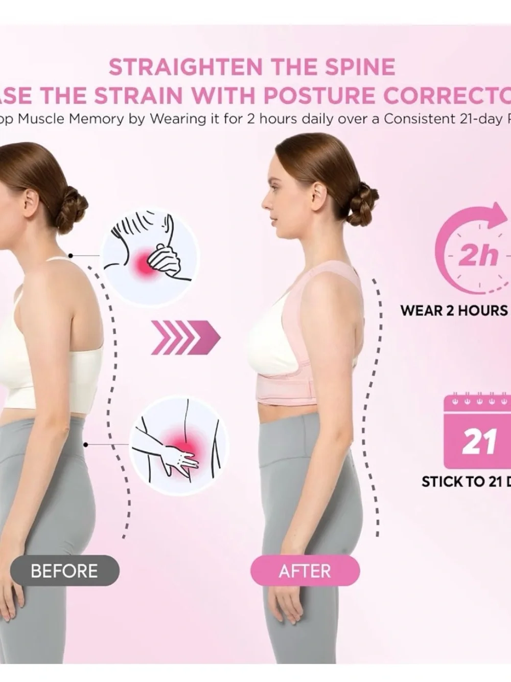 Never Used Vicorrect Pink Posture Corrector Back Brace Adjustable S/M